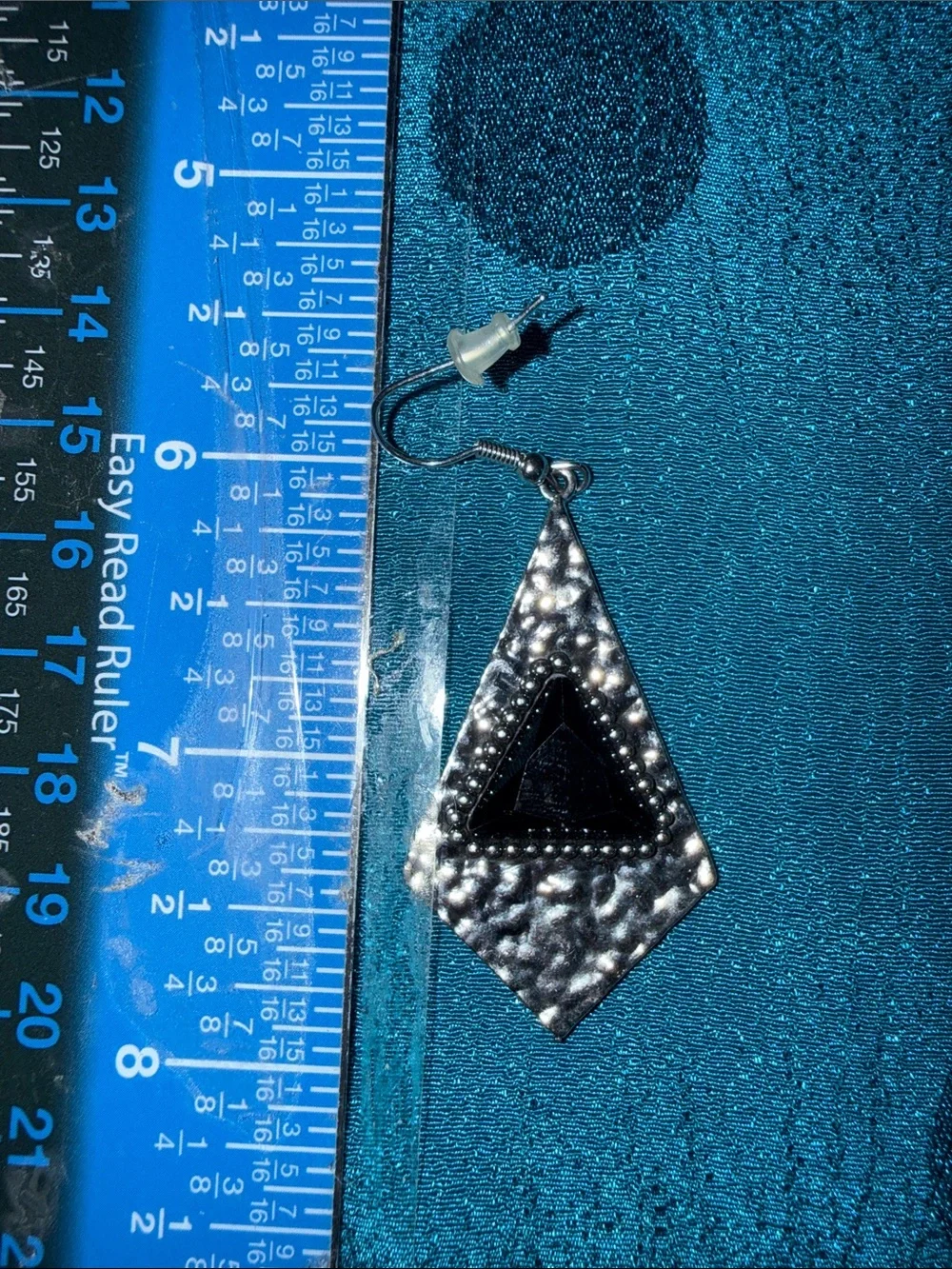 Silver-Tone Hammered Triangle Drop Earrings with Black Inlay